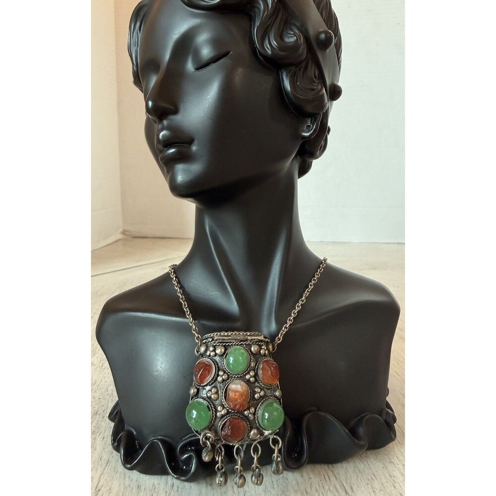 Vintage Indian Sajai Brass Wirework Agate Stone Pill Box Purse Pendant Necklace